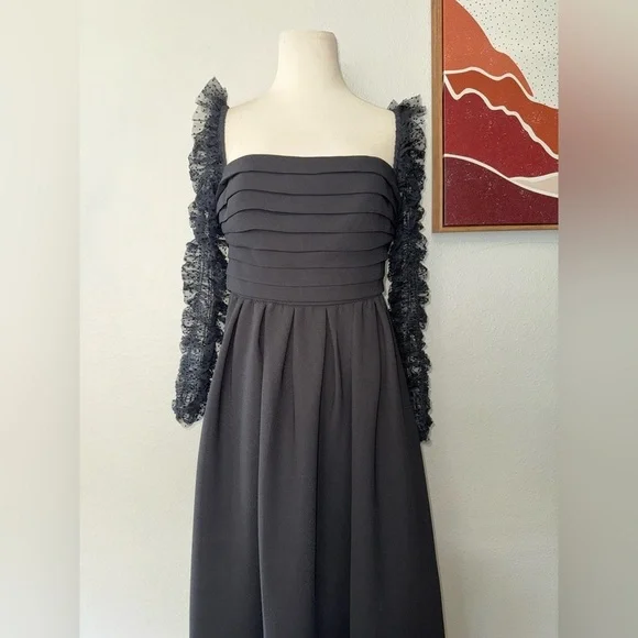 SELF-PORTRAITRuffled black Dotted Tulle And Crepe Midi women’s dress size 6